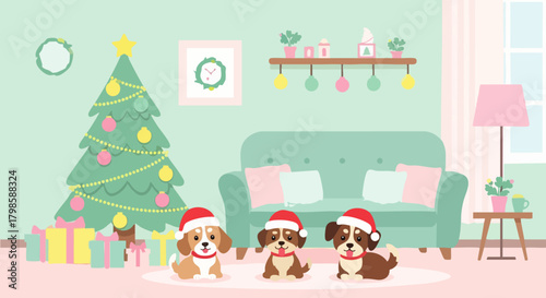 Flat vector illustration of adorable pet in Santa hat sitting next to Christmas tree with wrapped presents, cheerful holiday pet theme
