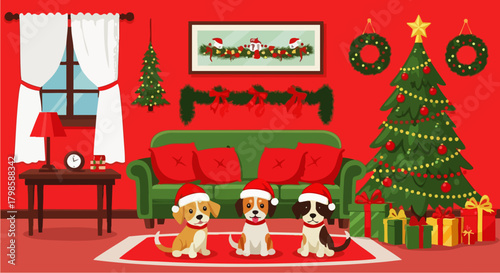 Flat vector illustration of adorable pet in Santa hat sitting next to Christmas tree with wrapped presents, cheerful holiday pet theme