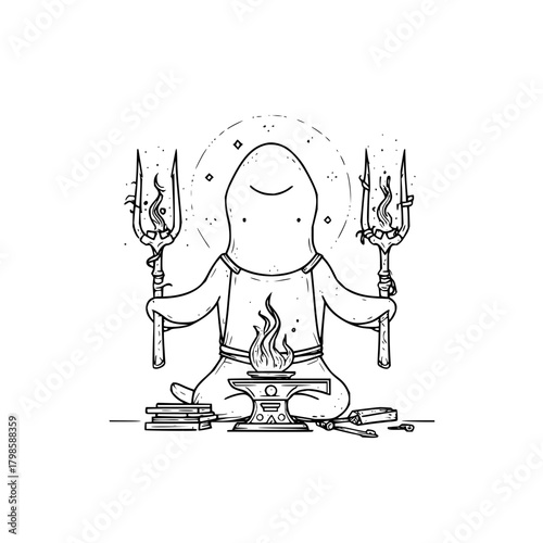 Illustration of a hooded figure meditating with fire, tridents, and books in a black and white style