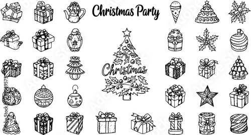 Christmas Party Doodle Set: Festive Holiday Decorations and Gifts in Black and White