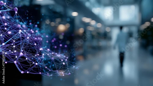 Futuristic digital network visualization with glowing connections overlays a blurred modern laboratory interior. A scientist in a white coat walks away, symbolizing innovation and technology