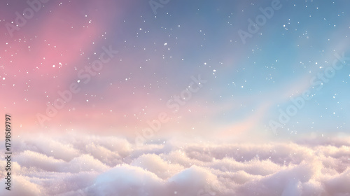 Dreamy Christmas Background with Soft Clouds and Snowflakes in a Serene Sky at Dusk