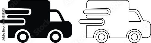 Delivery truck flat and outline icon set. Featuring fast shipping vehicles, cargo transport symbol, logistic service and express transportation vectors for business, freight and distribution concepts.
