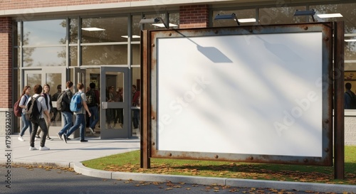 Students exit a brick school building with glass doors as a blank billboard stands in the foreground on a sunny day.