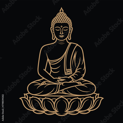 Golden Buddha Outline Sitting on Lotus Flower Buddhism