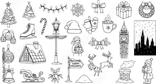 Christmas and Winter Holiday Icons Set. Hand-drawn Doodle Outline Collection of Festive Elements: Trees, Gifts, Ornaments, Santa Hat, Reindeer, Snowflakes, House, Sleigh, Candy Cane.