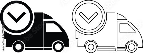 Delivery truck flat and outline icon set. Featuring fast shipping vehicles, cargo transport symbol, logistic service and express transportation vectors for business, freight and distribution concepts.