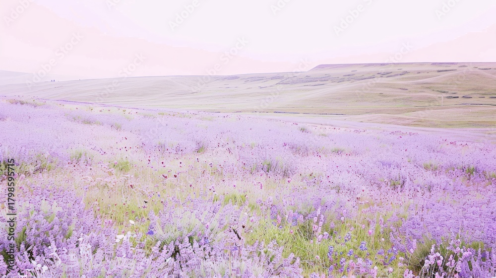 Naklejka premium Lavender Field with Purple Flowers and Rolling Hills Under Bright Sky