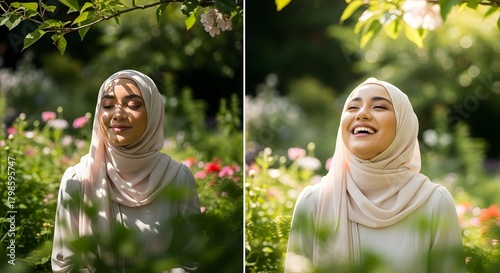A young woman wearing a hijab enjoying a sunny day outdoors amidst lush greenery and blooming flowers, radiating happiness and tranquility