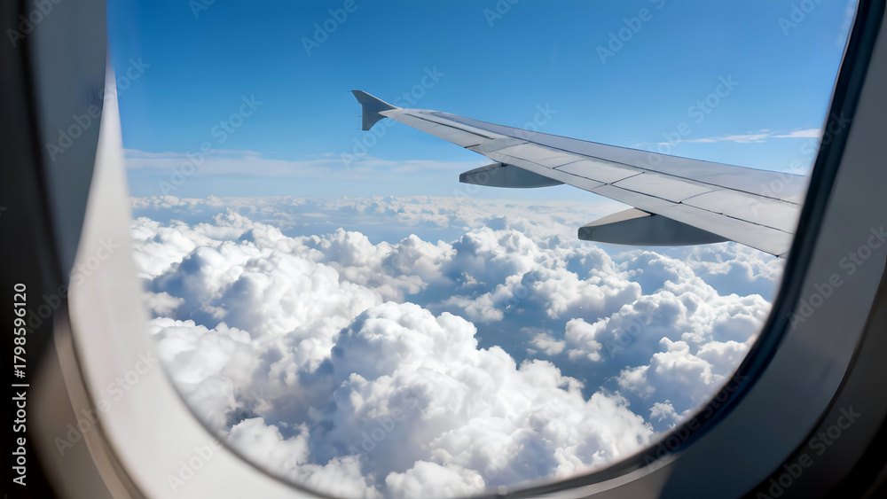 Fototapeta premium Airplane Wing in Flight Above the Clouds Captured from the Window