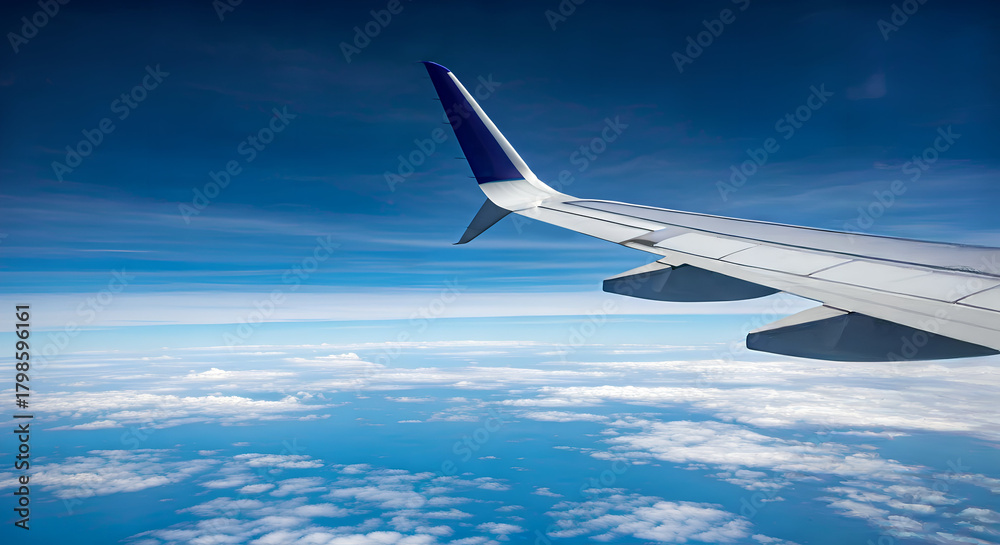 Obraz premium Window View of an Airplane Wing Soaring Above the Clouds and Blue Sky