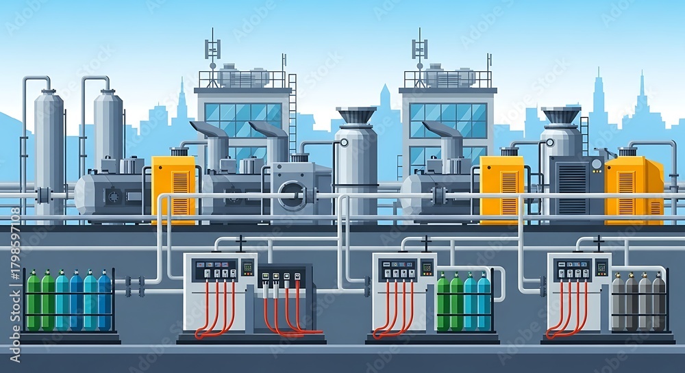 Obraz premium Cartoon Illustration of an Industrial Plant with Fuel Storage.