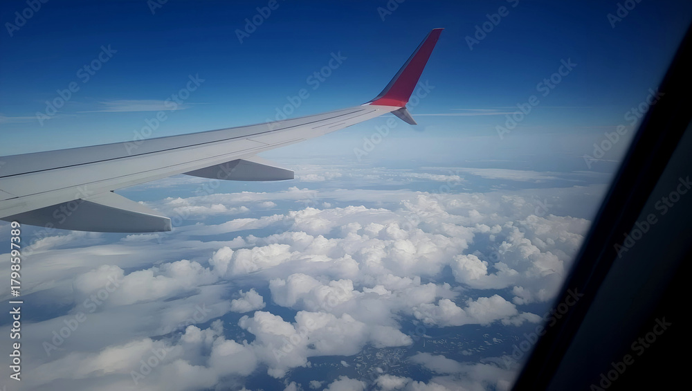 Obraz premium Airplane Wing Flying Over the Clouds and Blue Sky. Airplane Window View.