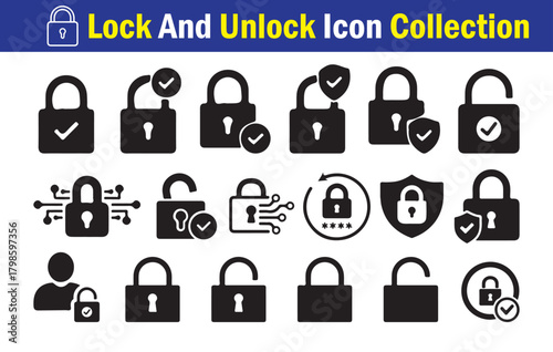 Lock and Unlock Icons Mega Collection. Locked and unlocked black line icon set. Flat security symbol. Vector Illustration eps 10
