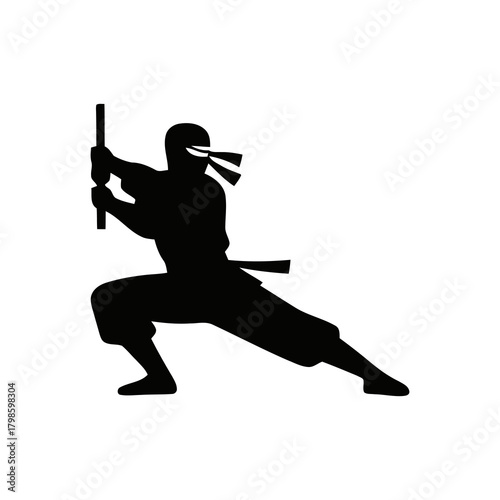Ninja silhouette in a dynamic action pose, minimalistic vector style on a white background