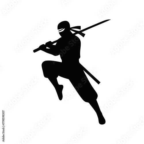 Ninja silhouette in a dynamic action pose, minimalistic vector style on a white background