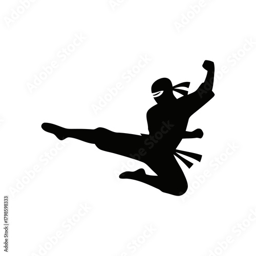 Ninja silhouette in a dynamic action pose, minimalistic vector style on a white background