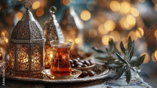Festive ramadan kareem iftar dinner table with glowing moroccan lanterns, turkish tea glass, olive branch on silver tray, warm golden bokeh lights in background