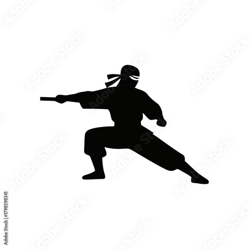 Ninja silhouette in a dynamic action pose, minimalistic vector style on a white background