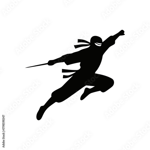 Ninja silhouette in a dynamic action pose, minimalistic vector style on a white background