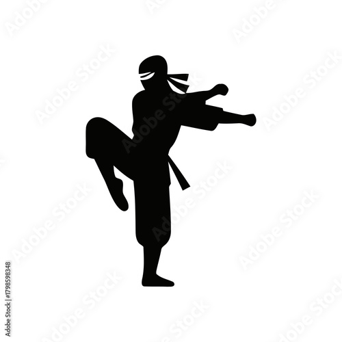 Ninja silhouette in a dynamic action pose, minimalistic vector style on a white background