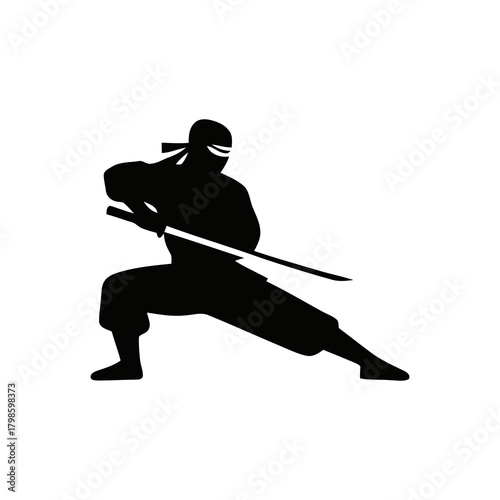 Ninja silhouette in a dynamic action pose, minimalistic vector style on a white background