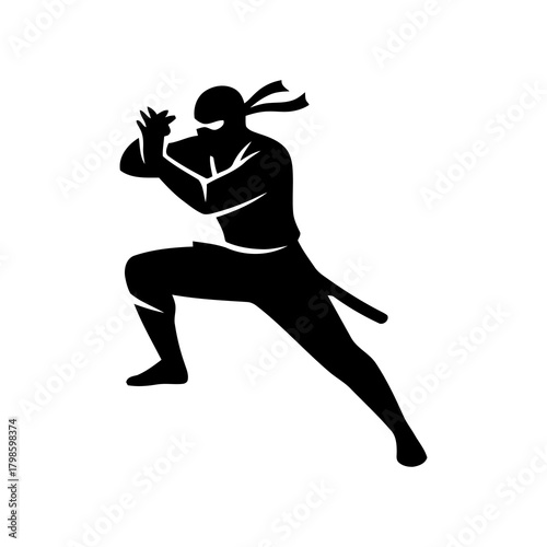 Ninja silhouette in a dynamic action pose, minimalistic vector style on a white background