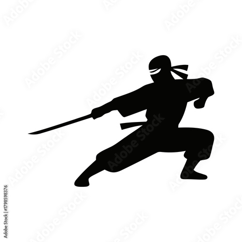 Ninja silhouette in a dynamic action pose, minimalistic vector style on a white background