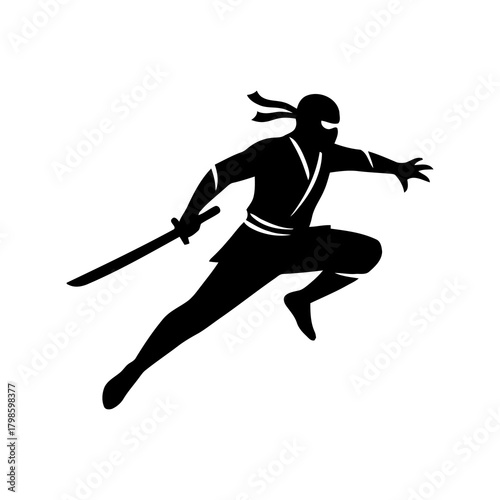 Ninja silhouette in a dynamic action pose, minimalistic vector style on a white background