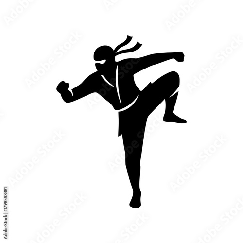 Ninja silhouette in a dynamic action pose, minimalistic vector style on a white background