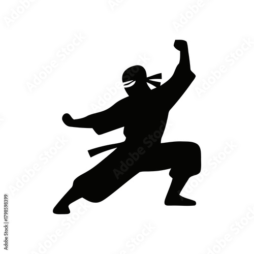 Ninja silhouette in a dynamic action pose, minimalistic vector style on a white background