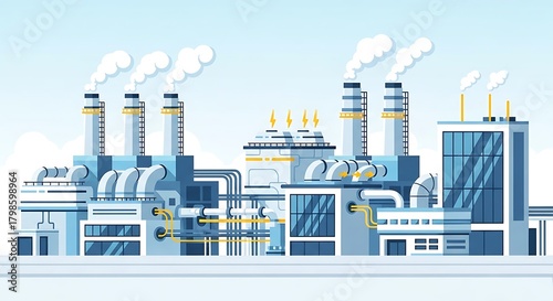 Industrial Factory Plant with Smokestacks and Buildings Illustration.