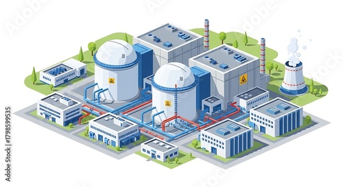 Isometric Nuclear Power Plant Illustration for Energy Production.