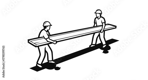 Two construction workers wearing hard hats carry a long wooden plank, illustrating teamwork and construction labor against a white backdrop.