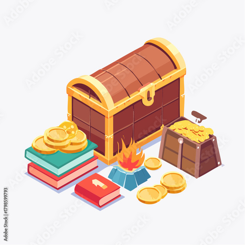 Vector Fantasy Magic Item Icons Set Including Magic Books, Magic Wands, Spell Scrolls, Enchanted Crystals, Potions, Arcane Symbols, Wizard Tools, Mystical Equipment for RPG and Fantasy Game UI 