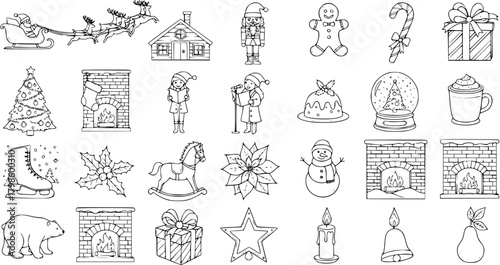 Hand-drawn Christmas and Winter Holiday Icons Set. Detailed Line Art Collection of Festive Elements including Santa, Tree, Fireplace, Snowman, Gifts, and Decorations.