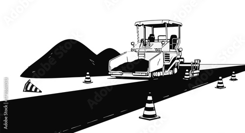 A black and white illustration depicts a road paving machine at work, creating a new asphalt surface with safety cones.
