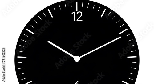 Minimalist Black Clock Face with White Hands and Markings on a White Background.