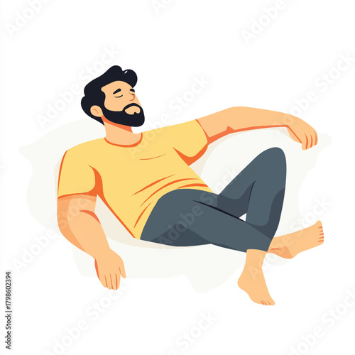 Man Relaxing on a Couch Eyes Closed in Casual Clothing.