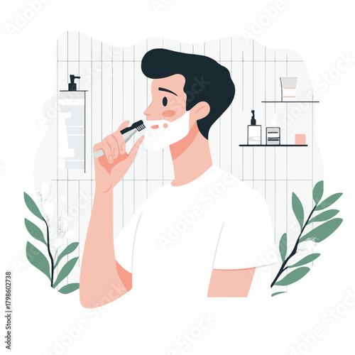 Man Shaving in Bathroom with Razor and Shaving Cream