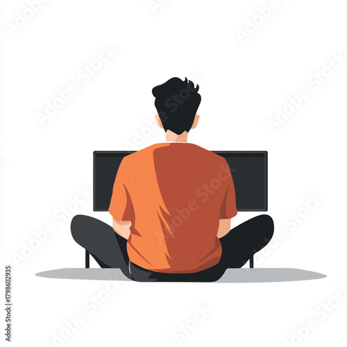 Man sitting on floor watching television from behind.