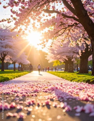 桜が満開の公園、晴れた春の日、散歩する人々、花びらが舞う 