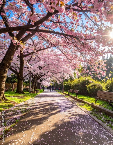 桜が満開の公園、晴れた春の日、散歩する人々、花びらが舞う 