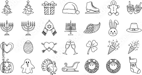 Festive Holiday Icons: Christmas, Hanukkah, Valentine's, Easter, Thanksgiving, Halloween  New Year Line Art Collection