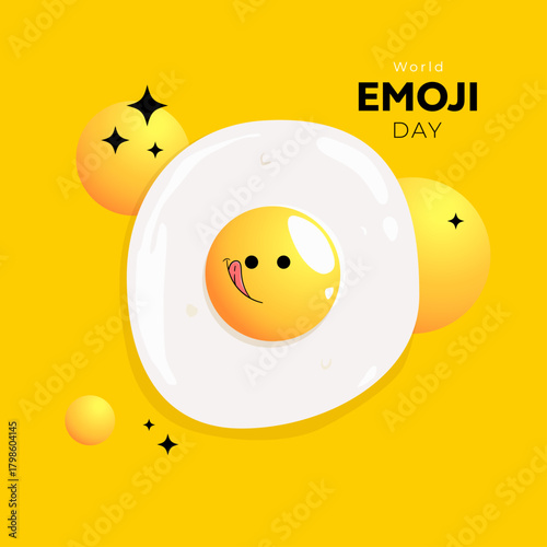 A playful World Emoji Day concept featuring a cute emoji as a sunny-side-up egg yolk, bringing humor and warmth to the theme of global expression. Bright colors and a cheerful mood create a fun