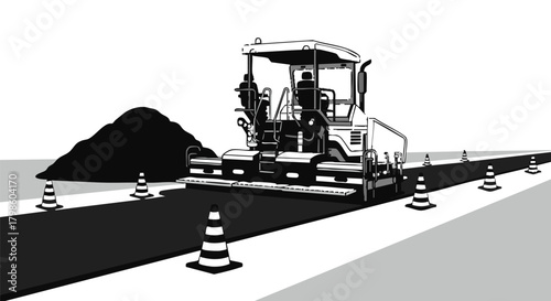 An asphalt paver machine laying fresh blacktop on a road with safety cones and a pile of asphalt in a construction zone.