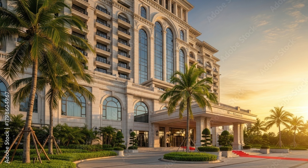 Obraz premium Luxury Tropical Resort Entrance with Red Carpet at Golden Hour