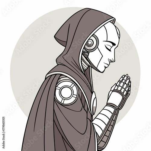 Contemplative robot in hooded robe, futuristic monk in quiet reflection, spiritual AI seeking enlightenment, modern tech meets ancient wisdom drawing