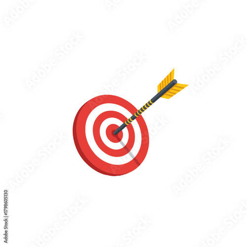 Target with arrow hitting the bullseye centered perfectly in the middle, representing success and achievement, clean flat design