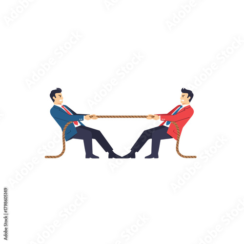 Two businessmen in suits playing tug of war with rope, symbolizing competition, rivalry, conflict, and business struggle